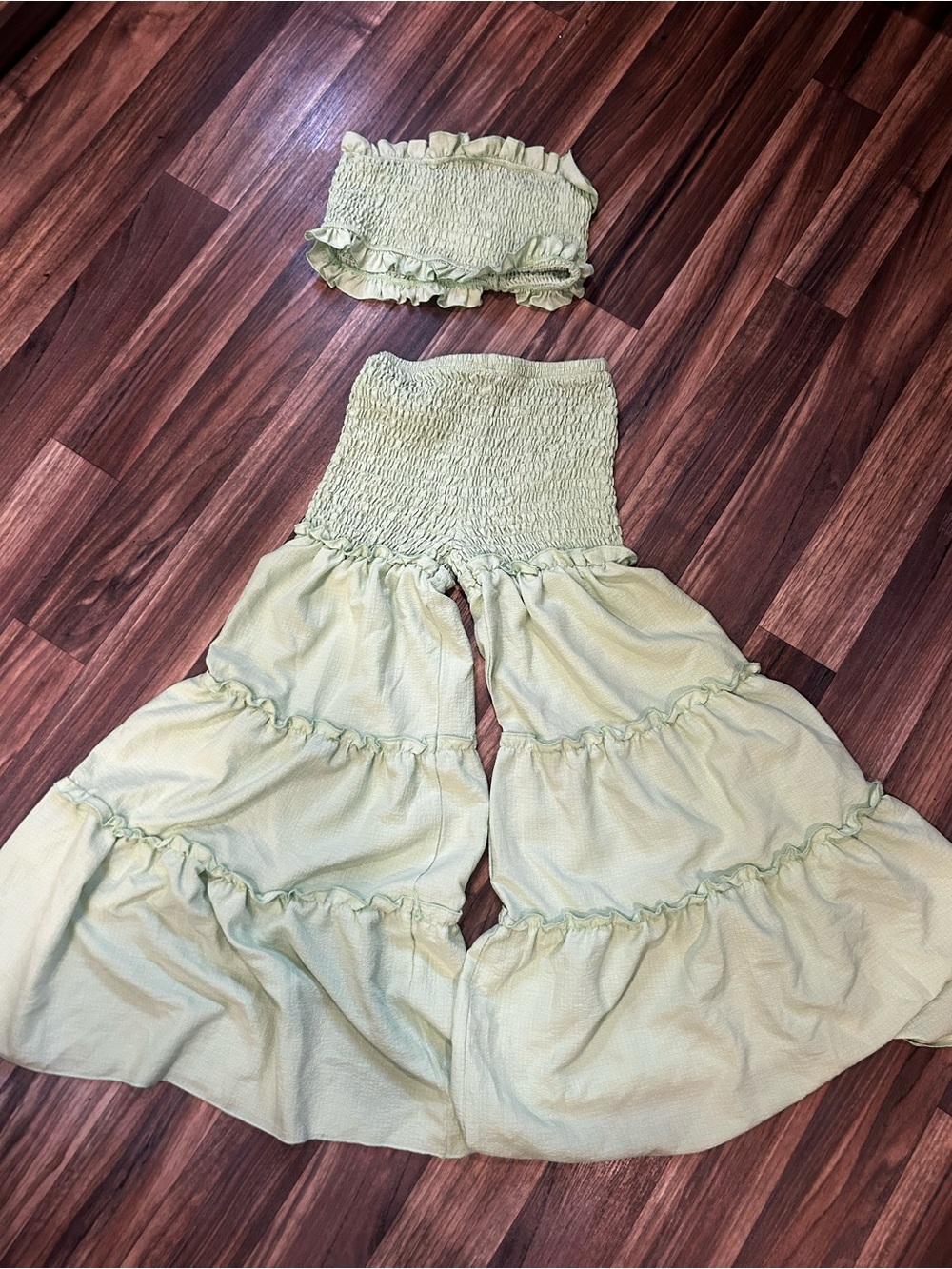 Women’s neon Green Smocked Ruffle Palazzo Pants and Tube Top Set